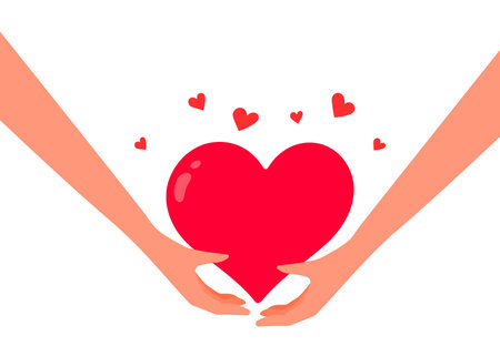 Vector kindness donation and charity illustration with human hand care of heart form. Red shape heart in arm on white color background. Flat style romantic design of sharing love for Valentine's Day greeting card, posterのイラスト素材