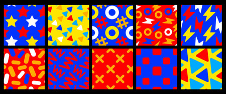 Vector set of simple illustration with color circle, line, star and flash on bright background. Flat style different seamless pattern design with round and sharp shape for web, site, banner, print, textileのイラスト素材