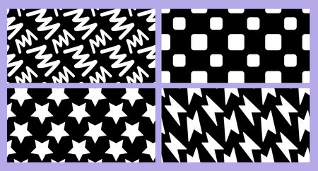 Vector set of simple illustration with white color line, star and cube on black background. Flat style seamless pattern design with round and sharp shape for web, site, banner, print, textileのイラスト素材