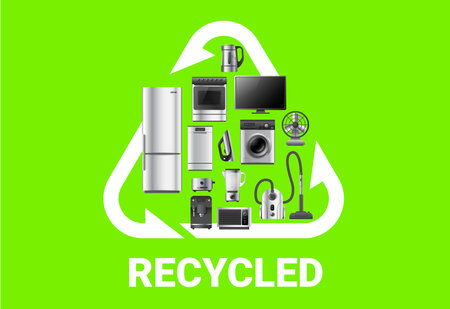 Vector illustration of recycle arrow and realistic silver color different appliance on green background. 3d style shine appliance collection design with recycle sign for web, site, banner, print, posterのイラスト素材