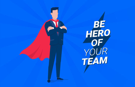 Vector business illustration of business man in red cloak and text on blue color background. Flat style design of man and lightning for banner, marketing posterのイラスト素材