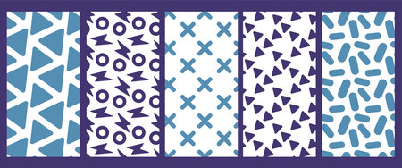 Vector set of simple illustration with black and blue color circle, triangle and line on white background. Flat style seamless pattern design with round and sharp shape for web, site, banner, print, textileのイラスト素材