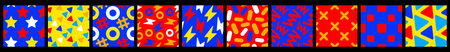 Flat style different seamless pattern design with round and sharp shape for web, site, banner, print, textile. Vector set of simple illustration with color circle, line, star and flash on bright backgroundのイラスト素材