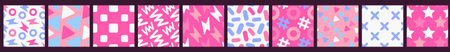 Vector set of simple illustration with pink, blue and white color circle, line, star and flash on color background. Flat style seamless pattern design with round and sharp shape for web, site, banner, print, textileのイラスト素材