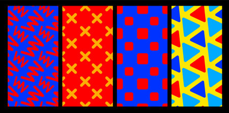 Vector set of simple illustration with color zigzag, line, triangle and square on bright background. Flat style seamless pattern design with shape for web, site, banner, print, textileのイラスト素材