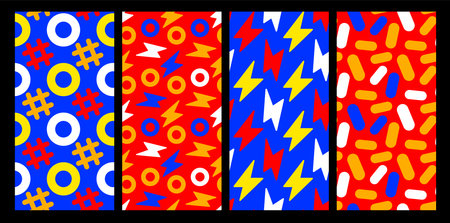 Vector set of simple illustration with color line, circle and lightning on bright background. Flat style different seamless pattern design with shape for web, site, banner, print, textileのイラスト素材