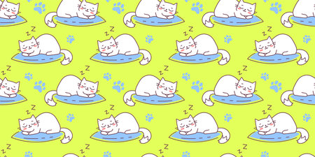 Vector seamless pattern with happy cute sleeping cat character on pillow on green color background. Flat line art style design of seamless pattern with animal cat for web, greeting card, banner, wrapping paperのイラスト素材