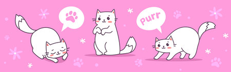 Vector set of illustration of happy cute cat character in different pose with speech bubble on pink color background. Flat line art style design of animal cat for web, site, banner, poster, child cardのイラスト素材