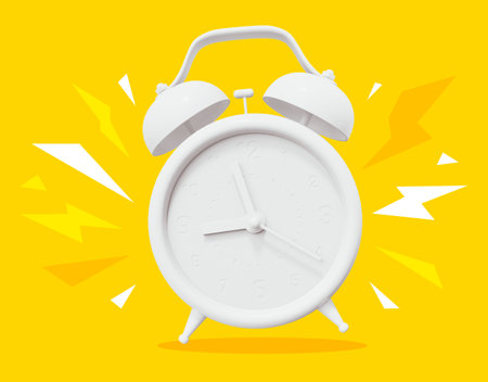 3d illustration of white retro alarm clock with arrow and lightning on yellow color backgroundの写真素材