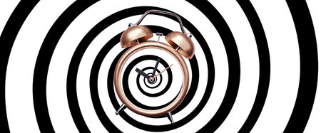 3d illustration of golden retro alarm clock with arrow and black spiral on white color backgroundの写真素材