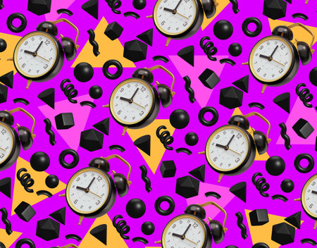 3d pattern of black retro alarm clock with arrow and abstract element on purple color backgroundの写真素材