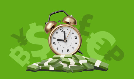 3d illustration of golden retro alarm clock with arrow and pile of paper banknote on green color background with currency symbolの写真素材