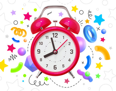 3d illustration of red color retro alarm clock with arrow and abstract element on white color...