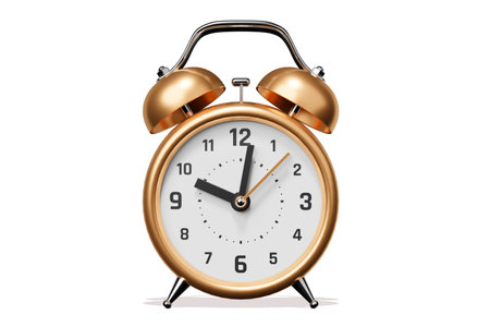 3d illustration of golden retro alarm clock with arrow on white color backgroundの写真素材