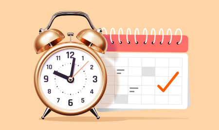 3d illustration of golden retro alarm clock with arrow and calendar on light color backgroundの写真素材