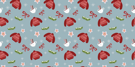 Vector holiday illustration of warm pullover and coffee cup on color background. Flat style design of christmas seamless pattern with star cookie, fir tree and snow for web, site, banner, paper print, cardのイラスト素材