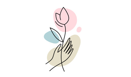 Vector romantic illustration of human hand hold flower on white color background. Flat line art style romance design of flower for web, site, banner, poster, printのイラスト素材
