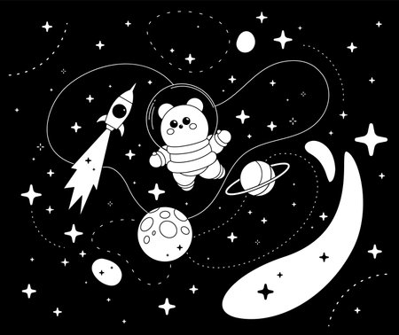 Vector abstract black and white kid space illustration with astronaut bear, spaceship, star and planet on black background. Flat line art style space design with animal astronaut bear for kid poster, card, coloring bookのイラスト素材