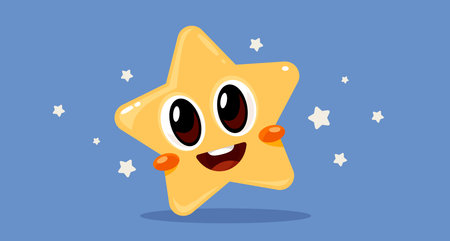 Vector child illustration of smile yellow star on blue color background. Flat style design of happy...
