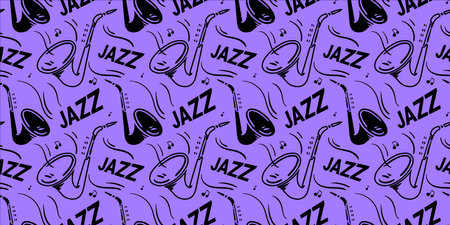 Vector jazz music illustration with saxophone on purple color background. Flat line art design of seamless pattern with saxophone and word for web, site, banner, printのイラスト素材