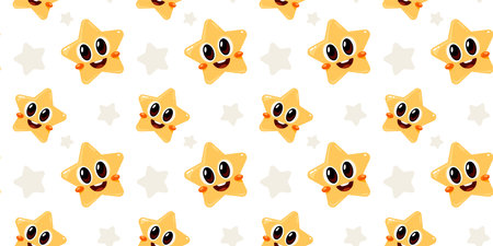 Vector child seamless pattern with smile yellow star on white color background. Flat style design of illustration with happy little star character with eye for web, site, banner, poster, printのイラスト素材