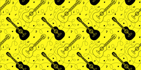 Vector music illustration with classic guitar on yellow color background. Flat line art design of seamless pattern with classic guitar and wire for web, site, banner, printのイラスト素材