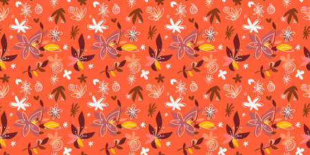Vector nature illustration with flower and leaf on red color background. Flat line art design of botanical seamless pattern for web, site, textile, printのイラスト素材