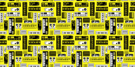 Vector music illustration with synthesizer, speaker and mixer on yellow color background. Flat line art design of seamless pattern with electric synthesizer for web, site, banner, printのイラスト素材