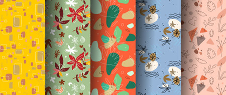 Vector set of different nature illustration with flower, spot and leaf on color background. Flat...