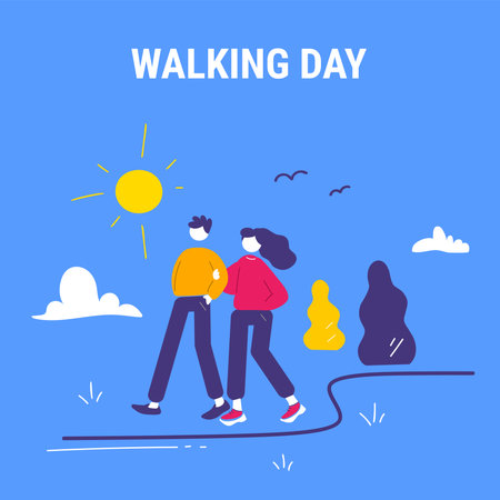 Vector illustration of casual man and woman walking together in park on blue color background. Flat line art style design of walking people for web, site, banner, poster, printのイラスト素材
