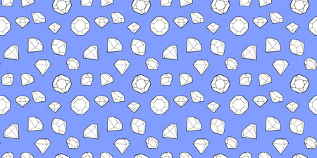 Vector seamless pattern of beautiful diamond on blue color background. Black and white line art style design of different diamond for web, banner, print, textileのイラスト素材
