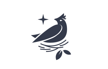 Vector illustration of beautiful bird in nest on white color background. Black and white flat style design of bird for web, banner, print, textile, greeting cardのイラスト素材