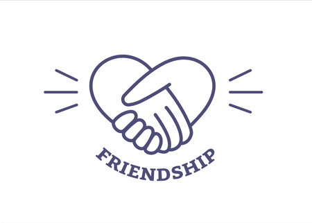 Vector business illustration of friendly handshake on white color background with word friendship. Black and white line art style design of handshake in heart shape for web, banner, poster, printのイラスト素材
