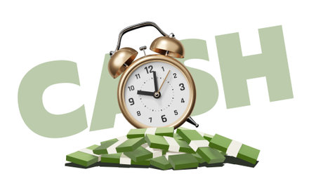 3d illustration of golden retro alarm clock with arrow and pile of paper banknote on white color background with word cashの写真素材