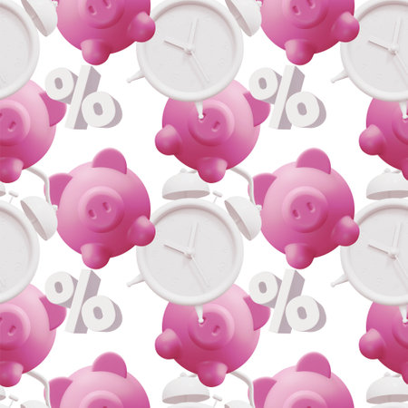 3d seamless pattern of retro white alarm clock with pink piggy bank on white color background, time to save money. 3d design for poster, banner, printの写真素材