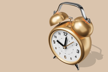 3d illustration of golden retro alarm clock with arrow on light color backgroundの写真素材