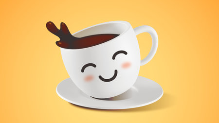 3d illustration of white cup of coffee with saucer on yellow color backgroundの写真素材