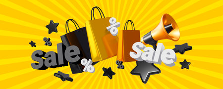 3d illustration with word sale, shopping bag and golden megaphone on yellow color background for time sale bannerの写真素材