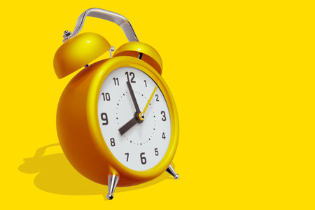 3d illustration of yellow retro alarm clock with arrow on yellow color backgroundの写真素材