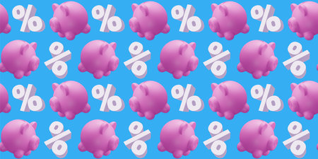 3d seamless pattern of pink piggy bank and percent sign on blue color background, time to save money. 3d design for poster, banner, printの写真素材