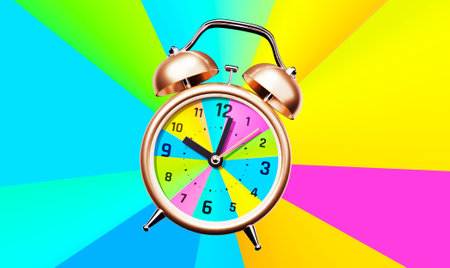 3d illustration of golden retro alarm clock with arrow on rainbow colorful background with raysの写真素材