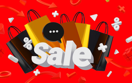 3d illustration with word sale and shopping bag on red color background. 3d style design for time sale banner, poster, printの写真素材
