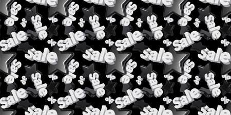 3d sale seamless pattern with black star and word sale on black color background. 3d design of illustration for banner, poster, web, printの写真素材