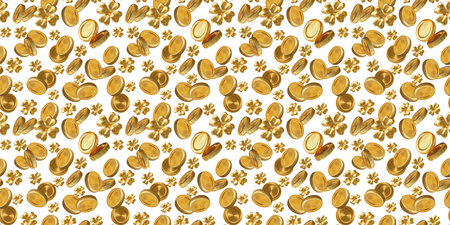 3d luck and wealth seamless pattern with golden coin and clover on white color background. 3d design of Patrick's Day illustration for banner, poster, web, printの写真素材