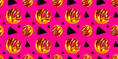 3d abstract seamless pattern with golden shape and black element on pink color background. 3d design of abstract bright illustration for banner, poster, webの写真素材