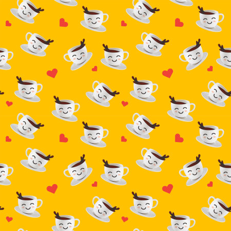 3d seamless pattern with coffee cup and heart on yellow color background. 3d design of coffee illustration for banner, poster, webの写真素材