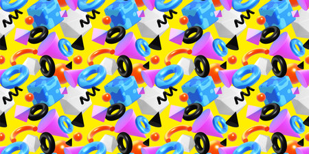 3d abstract seamless pattern with different shape and element on yellow color background. 3d design of abstract bright illustration for banner, poster, webの写真素材
