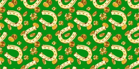 3d luck and wealth seamless pattern with golden horseshoe, coin and clover on green color background. 3d design of Patrick's Day illustration for banner, poster, web, printの写真素材