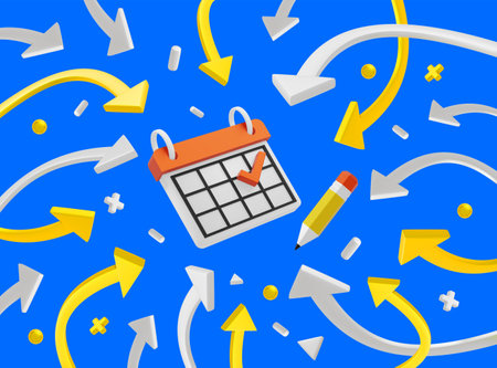 3d business illustration with calendar and arrow on blue color background. 3d design for banner, poster, web, printの写真素材