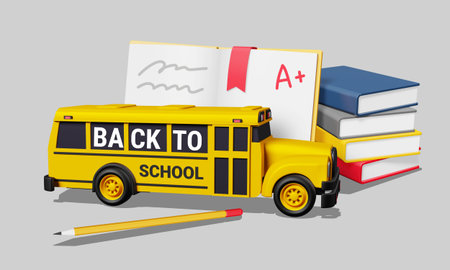 3d illustration of yellow school bus and book on color background. 3d design with word back to...